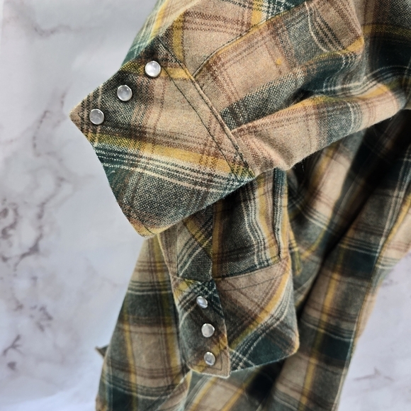 West Wool Shirt Mens XL Long Yellow Green 70s Pearl Snap Plaid Western Point - Picture 10 of 12